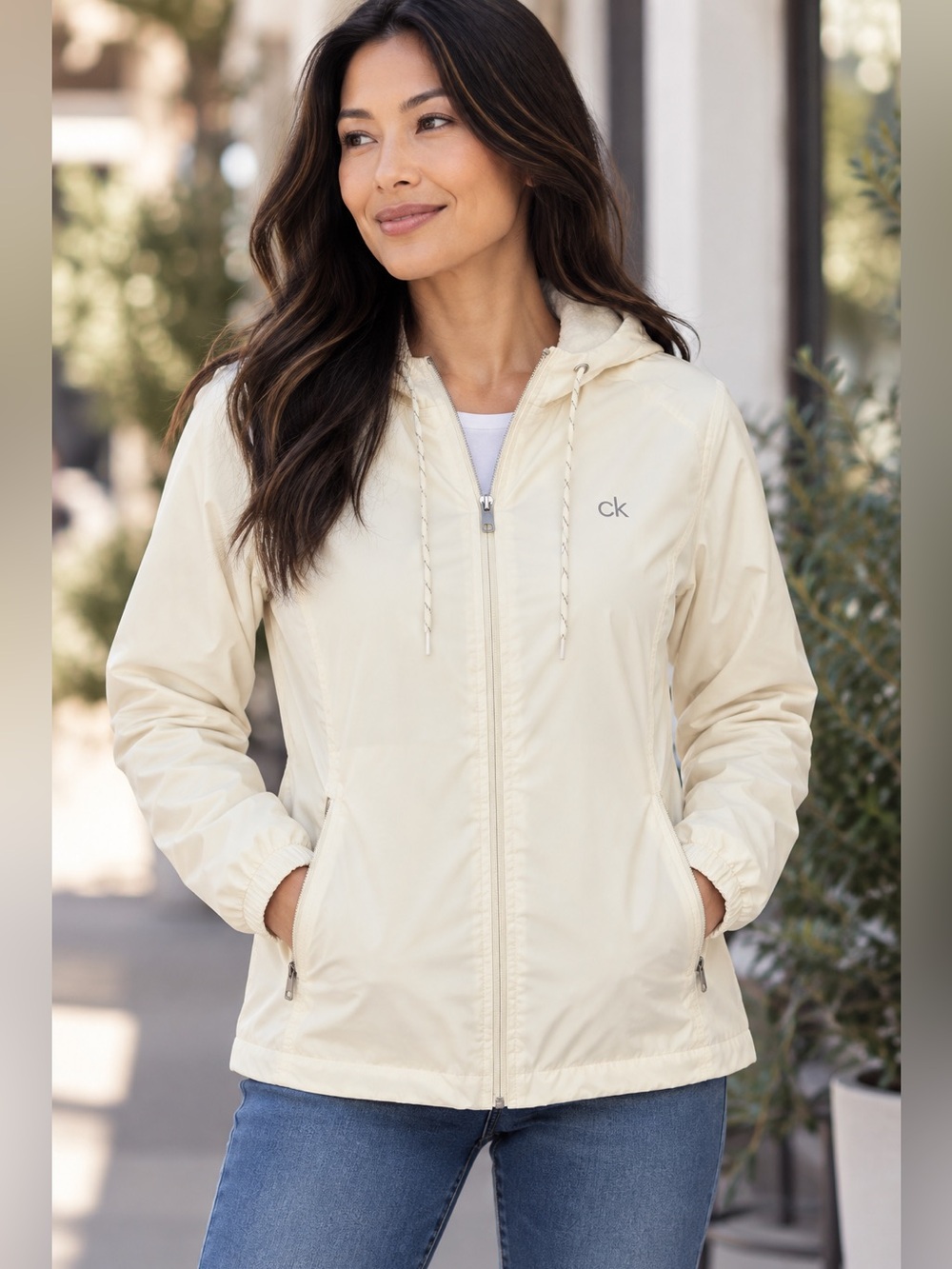 Calvin Klein Hooded Jacket Fleece Lined Full Zip Hoodie Zip Pockets Ivory NEW